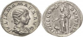 Kaiserzeit
Julia Mamaea, Mutter des Severus Alexander + 235 Denar vor 235, Rom Brustbild nach rechts, IVLIA MAMAEA AVG / Juno steht mit Kranz und Pfa...