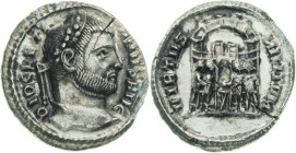 Kaiserzeit
Diocletian 284-305 AR-Argentus. 295/297, Siscia Kopf mit Lorbeerkranz nach rechts, DIOCLETIANVS AVG / Die vier Tetrarchen opfern vor Dreif...