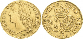 Frankreich
Ludwig XV. 1715-1774 Louis d'or au bandeau 1757, A-Paris Gadoury 341 Duplessy 1643 Droulers 728 Friedberg 464 GOLD. 7.70 g. Rand leicht be...