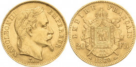 Frankreich
Napoleon III. 1852-1870 20 Francs 1869, A-Paris Gadoury 1062 Schlumberger 355 Friedberg 584 GOLD. 6.43 g. Fast vorzüglich/vorzüglich