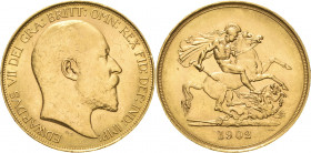 Großbritannien
Edward VII. 1901-1910 5 Pounds 1902, London Spink 3966 Friedberg 398 Schlumberger 469 GOLD. 39.88 g. Min. Randfehler, fast vorzüglich/...