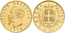 Italien-Königreich
Vittorio Emanuele II. 1859/1861-1878 20 Lire 1871, Rom Schlumberger 27 Friedberg 12 GOLD. 6.41 g. Kl. Randfehler, sehr schön-vorzü...