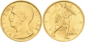 Italien-Königreich
Vittorio Emanuele III. 1900-1946 50 Lire 1932, Rom Schlumberger 114 Friedberg 34 GOLD. 4.40 g. Winz. Kratzer, vorzüglich-Stempelgl...