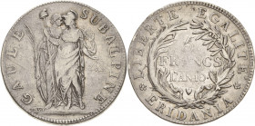 Italien-Subalpinische Republik
Subalpinisches Gallien 1800-1802 5 Francs 1801 (AN 10), Turin Montenegro 9 Pagani 6 Davenport 197 Sehr schön