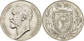 Liechtenstein
Johann II. 1858-1929 5 Kronen 1904. HMZ 2-1376 KM Y 4 Davenport 64 Prachtvolles Exemplar. Fast prägefrisch/prägefrisch