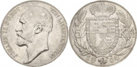 Liechtenstein
Johann II. 1858-1929 5 Kronen 1904. HMZ 2-1376 KM Y 4 Davenport 64 Sehr schön-vorzüglich/fast vorzüglich