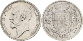 Liechtenstein
Johann II. 1858-1929 1/2 Franken 1924. HMZ 2-1382 a KM 7 Vorzüglich