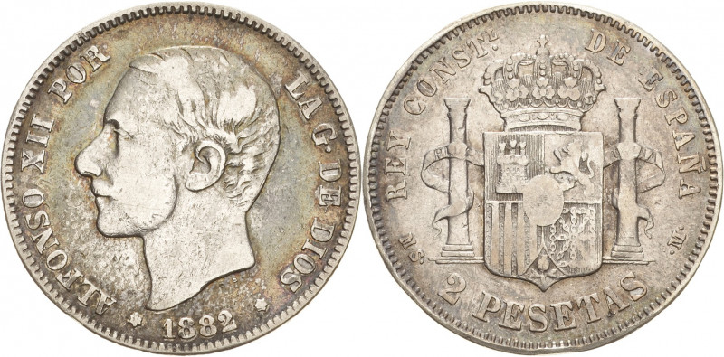 Spanien
Alfons XII. 1874-1885 2 Pesetas 1882, MSM-Madrid KM 678.2 Sehr schön