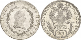 Habsburg
Franz II.(I.) 1792-1806 20 Kreuzer 1793, F-Hall Jaeger 565 Leichte Prägeschwäche, vorzüglich-Stempelglanz