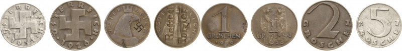 Österreich
 1 Groschen 1926 mit Avers-Gegenstempel (Hakenkreuz), 1929 mit Avers...