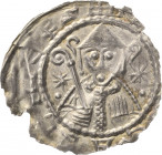 Magdeburg, Erzbistum
Friedrich I. von Wettin 1142-1152 Brakteat. Brustbild des Hl. Moritz mit Krummstab zwischen 2 Krummstäben, 2 Sternen und 2 Kugel...