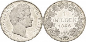Bayern
Ludwig I. 1825-1848 Gulden 1846, München AKS 78 Jaeger 62 Äußerst seltenes Prachtexemplar vom Erstabschlag. Vorzüglich-Stempelglanz
