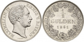 Bayern
Maximilian II. Joseph 1848-1864 1/2 Gulden 1861, München AKS 152 Jaeger 81 Prachtexemplar vom Erstabschlag. Stempelglanz