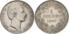 Bayern
Ludwig II. 1864-1886 Gulden 1864, München AKS 177 Jaeger 100 Prachtvolles Exemplar mit feiner Patina. Fast Stempelglanz/Stempelglanz