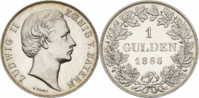 Bayern
Ludwig II. 1864-1886 Gulden 1866, München AKS 178 Jaeger 103 Prachtexemplar vom Erstabschlag. Stempelglanz