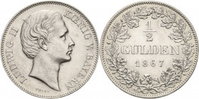 Bayern
Ludwig II. 1864-1886 1/2 Gulden 1867, München AKS 180 Jaeger 102 Prachtexemplar. Fast prägefrisch