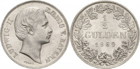 Bayern
Ludwig II. 1864-1886 1/2 Gulden 1869, München AKS 180 Jaeger 102 Prachtvolles Exemplar. Stempelglanz