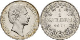 Bayern
Ludwig II. 1864-1886 1/2 Gulden 1871, München AKS 180 Jaeger 102 Prachtexemplar. Winz. Kratzer, fast prägefrisch