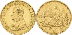 Brandenburg-Preußen
Friedrich Wilhelm III. 1797-1840 Friedrichs d'or 1817, A-Berlin Olding 210 AKS 4 Jaeger 107 Friedberg 2426 GOLD. 6.60 g. Selten. ...