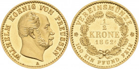 Brandenburg-Preußen
Wilhelm I. 1861-1888 1/2 Krone 1862, A-Berlin Auflagenhöhe: nur 6365 Exemplare Olding 435 AKS 94 Jaeger 119 Friedberg 2440 GOLD. ...