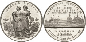 Düsseldorf
 Zinnmedaille 1880 (Langmann) Gewerbeausstellung für Rheinland und Westfalen. Ausstellungspavillon / Personifikationen der beiden Provinze...