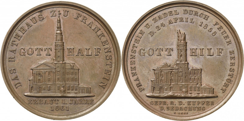 Frankenstein
 Bronzemedaille 1858 (G. Loos) Wiederaufbau des Rathauses. Ansicht...