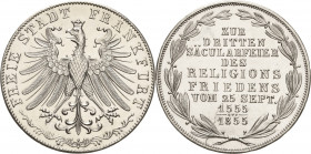 Frankfurt am Main
 Doppelgulden 1855. Religionsfrieden AKS 42 Jaeger 49 Kahnt 179 Davenport 647 Prachtexemplar. Fast Stempelglanz