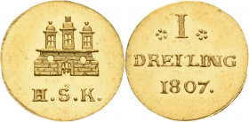 Hamburg
 Goldabschlag vom Dreiling 1807, OHK-Otto Heinrich Knorre AKS 31 Anm. Jaeger 29 b Anm GOLD. 0.71 g. Prachtexemplar. Stempelglanz