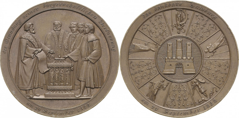 Hamburg
 Bronzemedaille 1828 (unsigniert) 300-Jahrfeier der bürgerschaftlichen ...