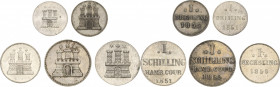 Hamburg
 Schilling 1851, 1855. Sechsling 1855. Dreiling 1851, 1855 AKS 19, 20, 29, 34, 36 Jaeger 48 b, 51 a, 50 b, 46 b, 49 b 5 Stück. Prachtexemplar...