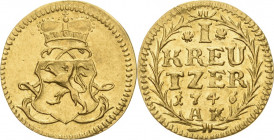 Hessen-Darmstadt
Ludwig VIII. 1739-1768 Goldabschlag des Kreuzers zu 1/4 Dukaten 1746, AK-Darmstadt Hoffmeister 3726 Schütz 2968 Müller 3512 GOLD. 0....