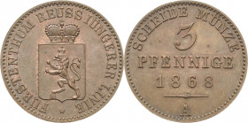 Reuss-Jüngere Linie - Schleiz
Heinrich XIV. 1867-1913 3 Pfennig 1868, A-Berlin AKS 42 Jaeger 135 Schmidt und Knab 570 Prachtvolles Exemplar. Prägefri...