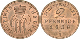 Schaumburg-Lippe
Georg Wilhelm 1807-1860 2 Pfennig 1858, A-Berlin AKS 15 Jaeger 9 Prachtexemplar vom Erstabschlag. Stempelglanz