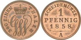 Schaumburg-Lippe
Georg Wilhelm 1807-1860 Pfennig 1858, A-Berlin AKS 16 Jaeger 8 Prachtexemplar vom Erstabschlag. Stempelglanz
