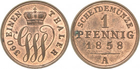 Schaumburg-Lippe
Georg Wilhelm 1807-1860 Pfennig 1858, A-Berlin AKS 16 Jaeger 8 Prachtexemplar vom Erstabschlag. Revers min. Fleck, Stempelglanz/fast...