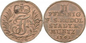 Schwarzburg-Rudolstadt
Johann Friedrich 1744-1767 2 Pfennig 1761, Saalfeld Bethe 1281 Fischer 560 Vorzüglich-prägefrisch