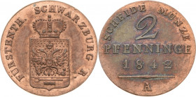 Schwarzburg-Rudolstadt
Friedrich Günther 1807-1867 2 Pfennig 1842, A-Berlin AKS 17 Jaeger 36 Sehr selten. Min. bearbeitet, vorzüglich