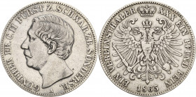 Schwarzburg-Sondershausen
Günther Friedrich Karl II. 1835-1880 Taler 1865, A-Berlin AKS 38 Jaeger 75 Kahnt 541 Davenport 921 Kl. Randfehler, sehr sch...