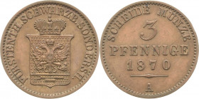 Schwarzburg-Sondershausen
Günther Friedrich Karl II. 1835-1880 3 Pfennig 1870, A-Berlin AKS 41 Jaeger 71 Sehr selten in dieser Erhaltung. Fast prägef...