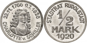 Schwarzburg-Städte und Gemeinden
Rudolstadt Versilberte Eisenmarke zu 1/2 Mark 1920. Stadtrat Rudolstadt. Charlotte von Schiller. 23,8 mm Menzel 2210...