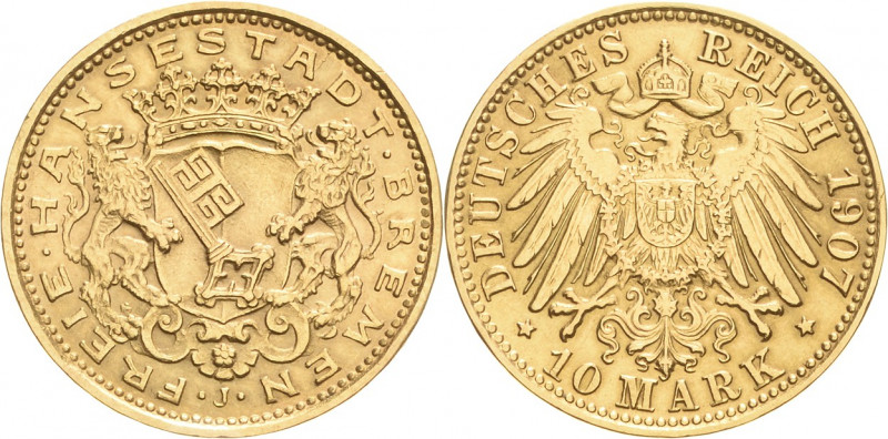Bremen
 10 Mark 1907 J Jaeger 204 Selten. Leichte Fassungsspuren, vorzüglich