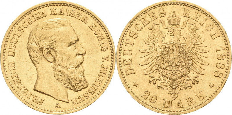 Preußen
Friedrich III. 1888 20 Mark 1888 A Jaeger 248 Randfehler, sehr schön-vo...