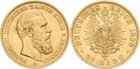 Preußen
Friedrich III. 1888 20 Mark 1888 A Jaeger 248 Kl. Randfehler, sehr schön-vorzüglich
