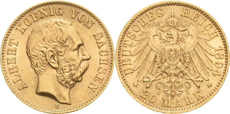 Sachsen
Albert 1873-1902 20 Mark 1894 E Jaeger 264 Kl. Randfehler, fast vorzügl...