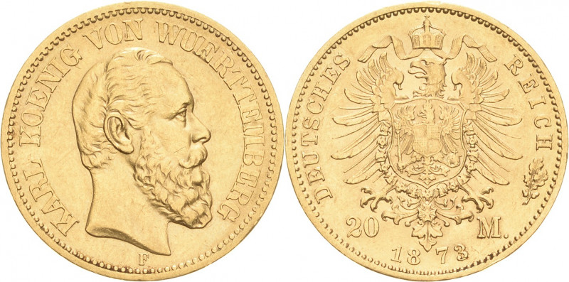 Württemberg
Karl 1864-1891 20 Mark 1873 F Jaeger 290 Randfehler, fast vorzüglic...