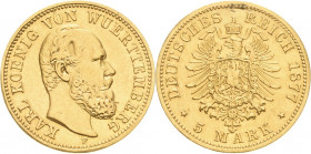 Württemberg
Karl 1864-1891 5 Mark 1877 F Jaeger 291 Kl. Henkelspur, sehr schön-vorzüglich