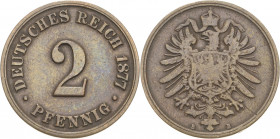 Kleinmünzen
 2 Pfennig 1877 B Jaeger 2 Sehr selten. Sehr schön