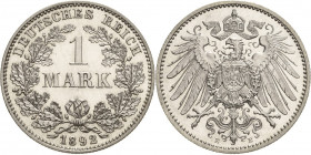 Kleinmünzen
1 Mark 1892 E Jaeger 17 Sehr selten in dieser Erhaltung. Vom Erstabschlag. Vorzüglich-Stempelglanz