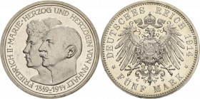 Anhalt
Friedrich II. 1904-1918 5 Mark 1914 A Silberhochzeit Jaeger 25 Winzige Kratzer, Polierte Platte
