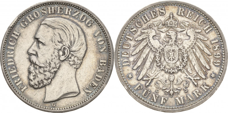 Baden
Friedrich I. 1856-1907 5 Mark 1899 G Jaeger 29 Randfehler, sehr schön+